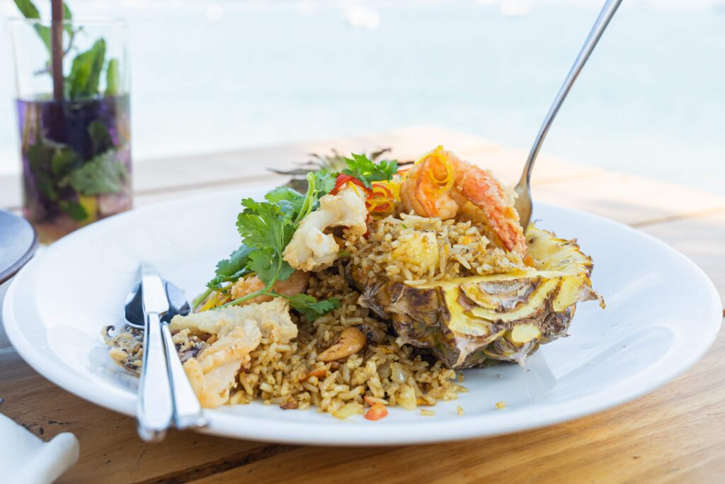 Food on a plate at a Hawaii Seafood Restaurant.